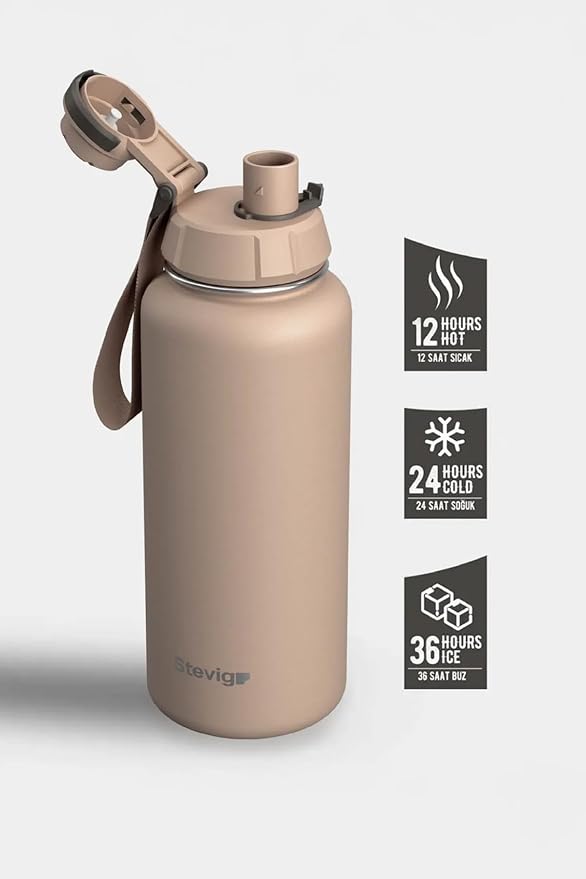 1 Hand Leak-Proof Sızdırmaz Çelik Termos 1000 Ml Lıght Brown ST-217