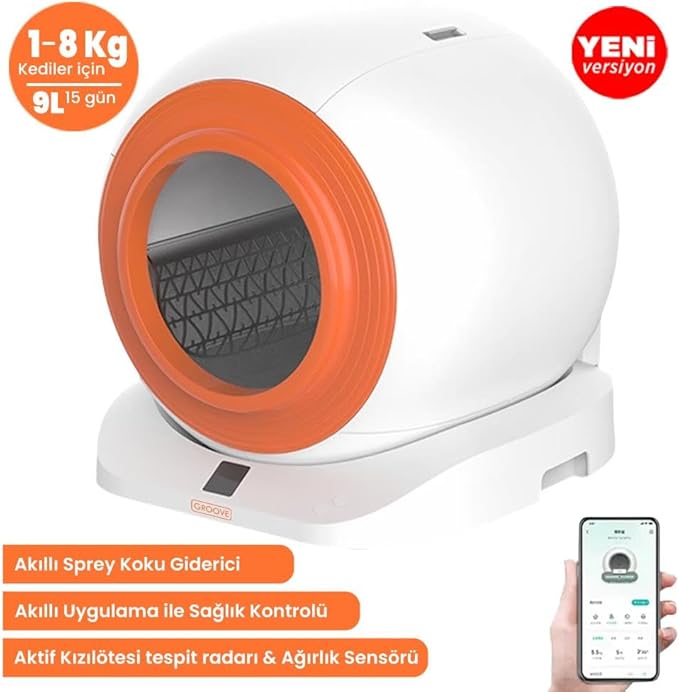 Groove Q-Clean WiFi Otomatik Akıllı Kedi Tuvaleti Turuncu Yeni Versiyon