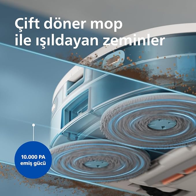 Philips HomeRun 5000 Serisi Robot Elektrikli Süpürge, Çift Döner Mop, Süpürme ve Paspas, 10.000Pa Emiş Gücü, Lazer Çizgi Navigasyon, HomeRun Uygulaması, İpek Beji (XU5000/20)