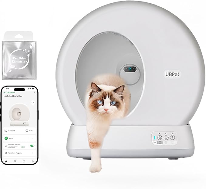 UBPet C10 Pro Kameralı Akıllı Kedi Tuvaleti – Entegre HD Kameralı, Otomatik Temizleme, Mobil Uygulama Kontrolü, Akıllı Sensörler, Sessiz Çalışma, Geniş İç Hacim, Koku Hediyeli