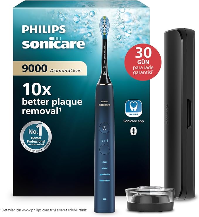 Philips Sonicare DiamondClean 9000 Şarjlı Diş Fırçası, 4 Temizlik Modu, Basınç Sensörü, Seyahat Kabı ve Uygulama Desteği, Lacivert Geçişli, HX9911/88
