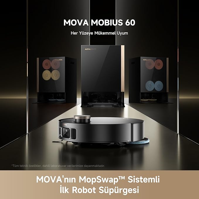 MOVA MOBIUS 60 MopSwap™ Sistemli Robot Süpürge, 30.000 Pa Emiş Gücü, Dinamik Emiş Koruma Sistemi, 8 cm’ye Kadar Engel Aşma, 100 °C ile Yıkama Sistemi, 3 Yıl Garanti