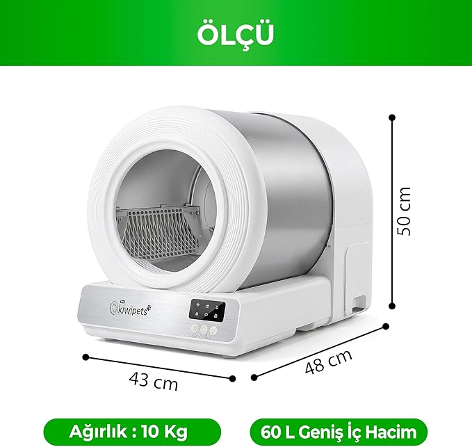 Kiwi Tiny KiwiPets KPLB-10771 Akıllı Kendi Kendini Temizleyen Kedi Tuvaleti 60L – Geniş İç Hacim, Koku Giderici Otomatik Sistem(Beyaz)