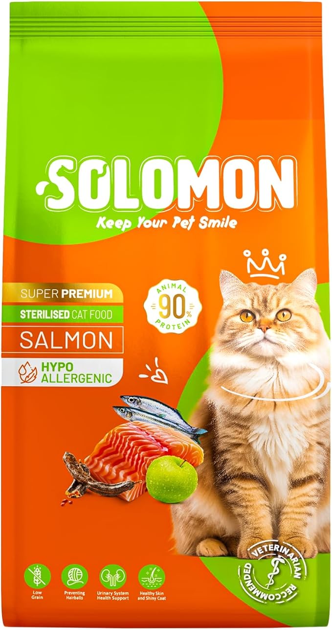 Solomon Kısırlaştırılmış Somon'lu Süper Premium Kedi Maması 9 kg - Hipoalerjenik - Düşük Tahıllı - Yüksek Hayvansal Protein - Tüy Dökülme Engelleyici - Kolay Sindirilebilir - Kuru Kedi Maması