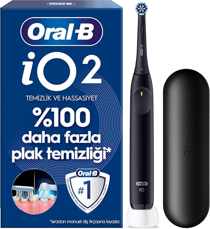 Oral-B iO2 Siyah Şarjlı/Elektrikli Diş Fırçası, 1 Fırça Başlığı, Tek Şarjda 4 Haftaya Varan Kullanım, Seyahat Kabı