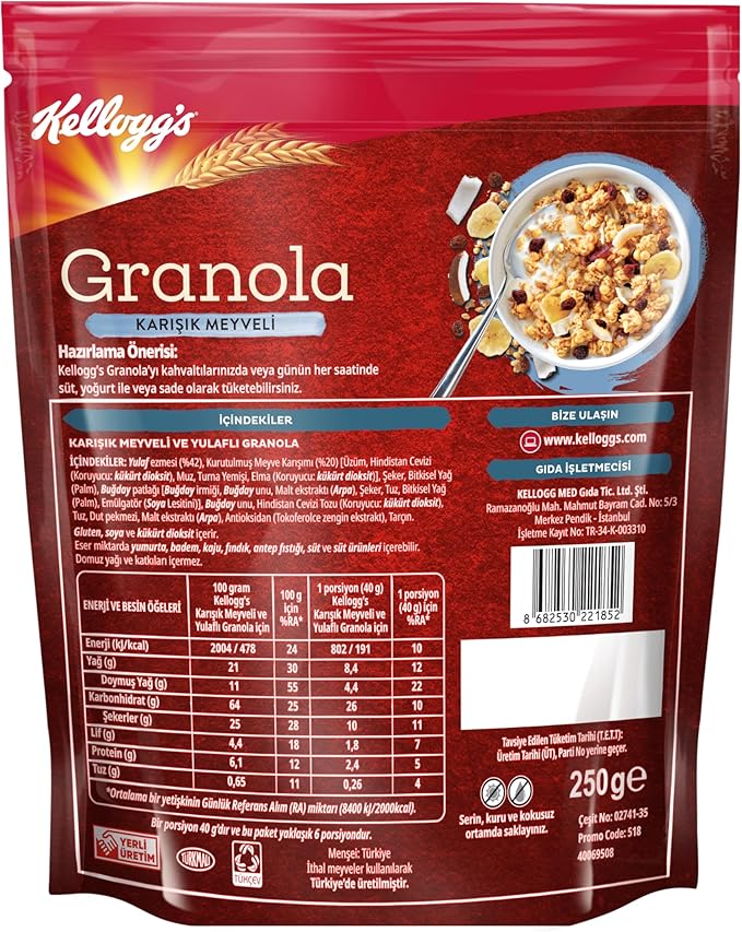 Kellogg's Karışık Meyveli Granola 250 Gr,%42 Yulaf içerir,Lif Kaynağı,%20 Kurutulmuş Meyve