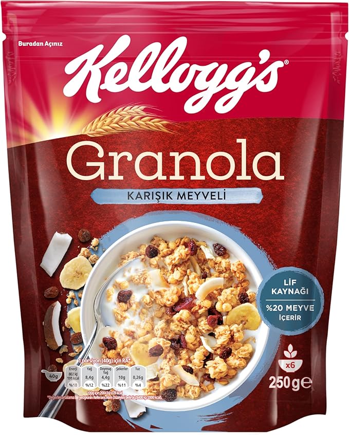 Kellogg's Karışık Meyveli Granola 250 Gr,%42 Yulaf içerir,Lif Kaynağı,%20 Kurutulmuş Meyve
