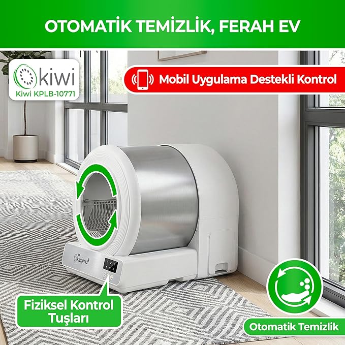 Kiwi Tiny KiwiPets KPLB-10771 Akıllı Kendi Kendini Temizleyen Kedi Tuvaleti 60L – Geniş İç Hacim, Koku Giderici Otomatik Sistem(Beyaz)