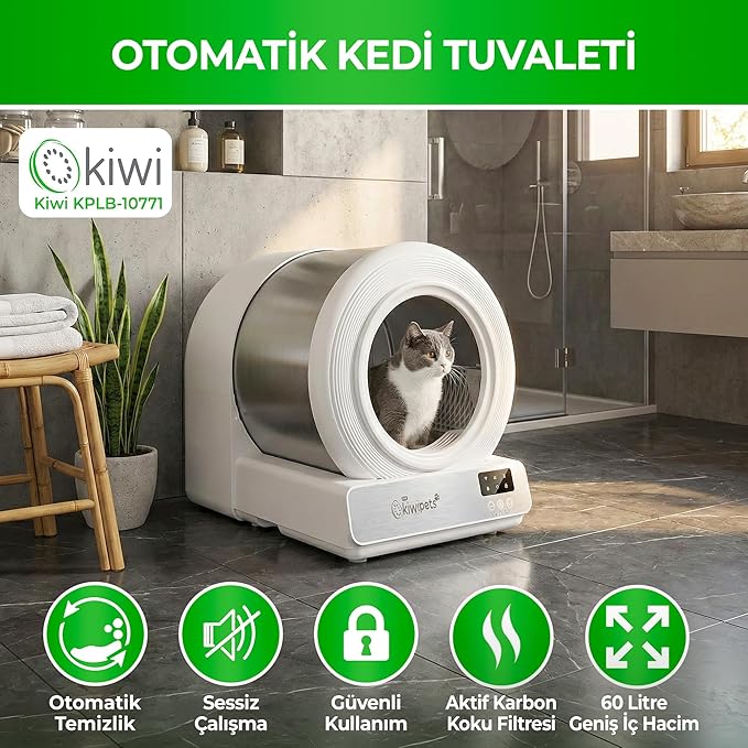 Kiwi Tiny KiwiPets KPLB-10771 Akıllı Kendi Kendini Temizleyen Kedi Tuvaleti 60L – Geniş İç Hacim, Koku Giderici Otomatik Sistem(Beyaz)