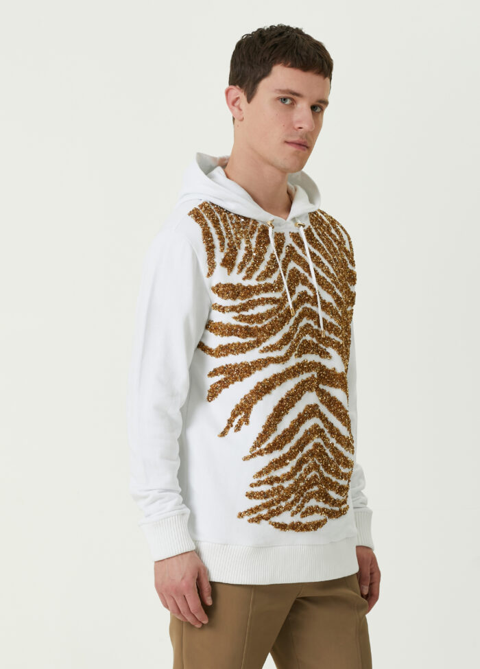 Balmain - سویشرت سنگ دوزی شده کلاه دار طلای سفید - تصویر 3