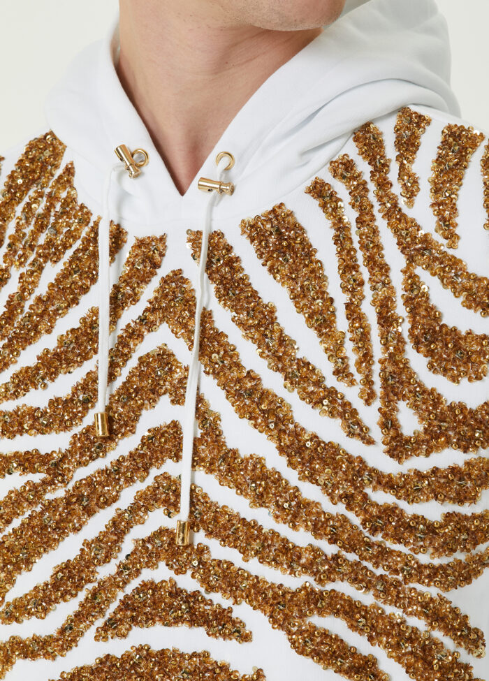 Balmain - سویشرت سنگ دوزی شده کلاه دار طلای سفید - تصویر 5